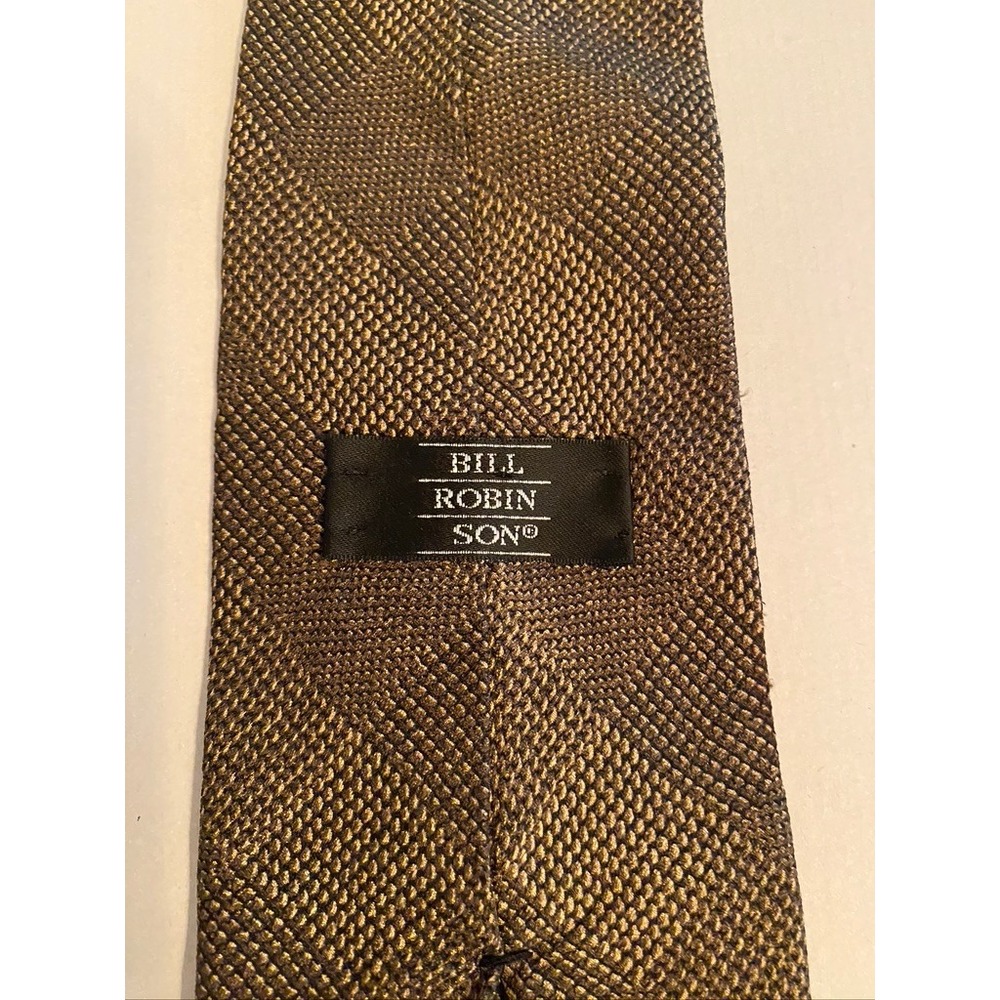 Bill Robinson Mens Silk Necktie Brown Gold‎ Blue Abstract Geometric Woven USA